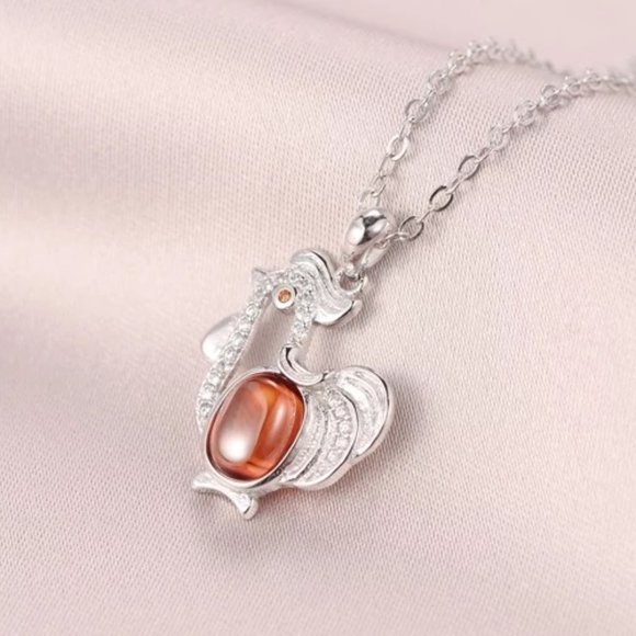 14k Gold Natural Garnet Diamonds Chicken Sterling Silver Necklace - Picture 5 of 10